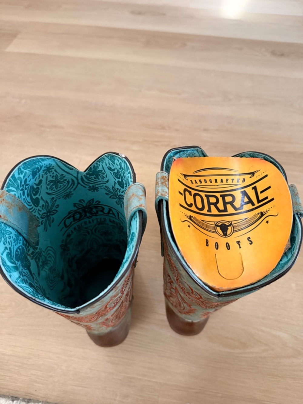 Turquoise and Brown Embroidered Leather Knee-High Heeled Boots - Picture 5 of 5
